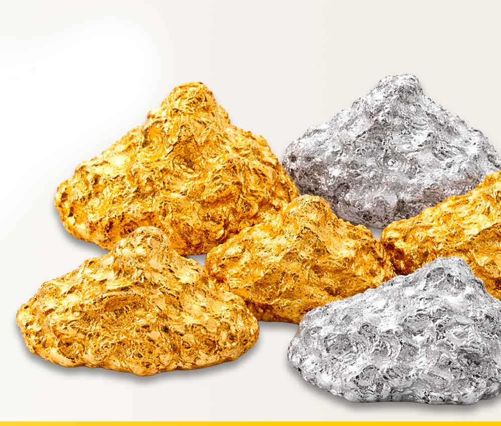 Pepitas de ouro e prata